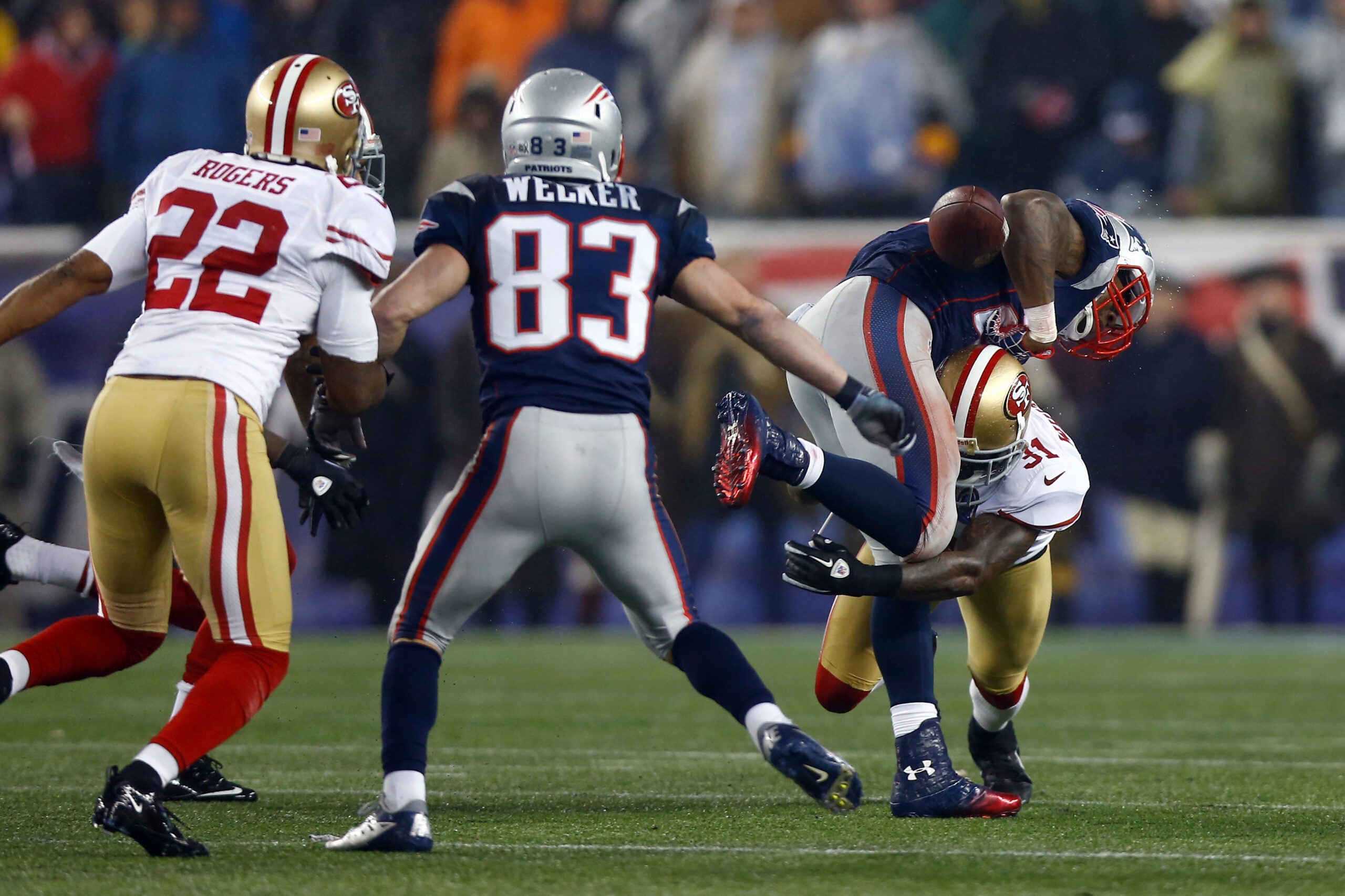 Brandon Lloyd of the New England Patriots recovers a fumble by  New  england patriots football, Patriots football, New england patriots