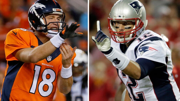 New England Patriots quarterback Tom Brady (12) shakes hands with Denver  Broncos quarterback Peyton Manning (18)