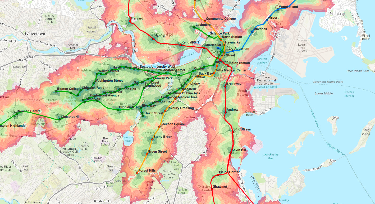 This map shows you how long it takes to walk to the closest MBTA station