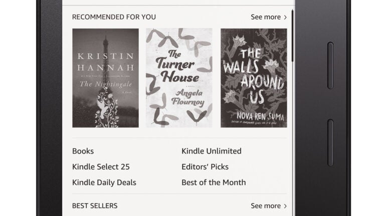 This photo provided by Amazon shows Amazons latest Kindle. Amazon says the new Kindle is 30 percent thinner and 20 percent lighter than previous Kindles. Its also asymmetrical, with a grip on one side for one-handed reading.(Amazon via AP)