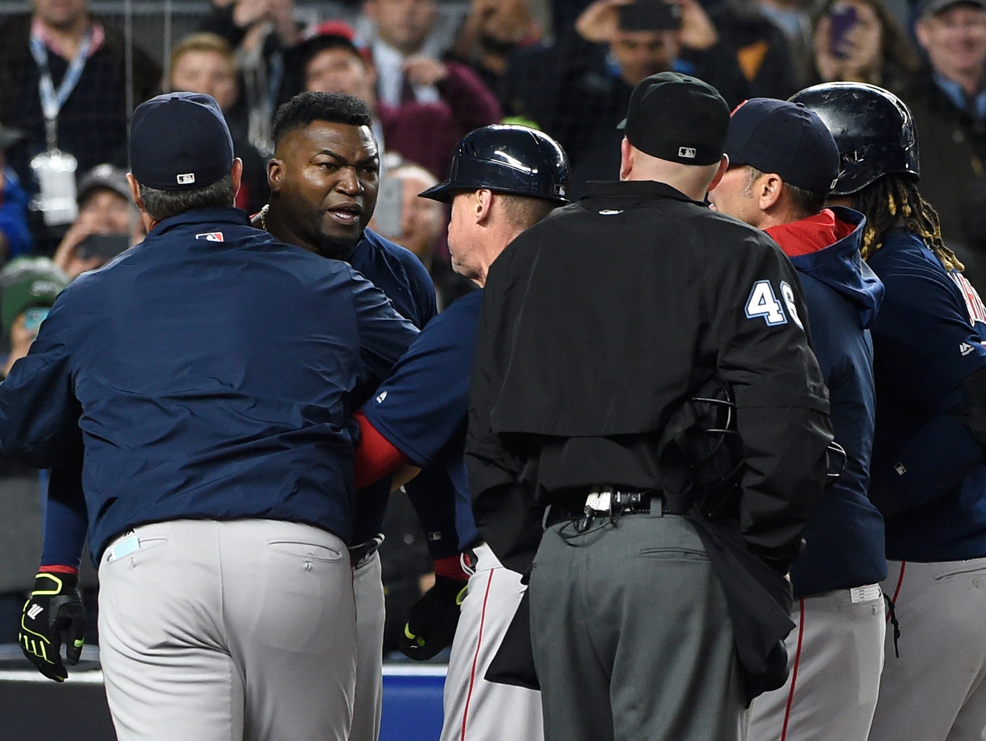 Boston Red Sox DH David Ortiz (34) is welcomed at home by Dustin