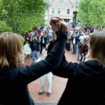 GAY MARRIAGE REMOTE TRANSMISSION -- REMOTE TRANSMISSION--- Provincetown, MA-5/17/04-Truro residents Eileen Counihan(cq),48, & her partner of 25 years, Erin Golden(cq),45, acknowledge wellwishers outside Provincetown Town Hall after obtaining their marriage license. Said Golden, 'one small kiss for us, one giant kiss for mankind.' Both women, who have known each other since they were 13, own a Commerecial Street gift store & have a 10 year old son,Jake. Both plan a quiet ceremony at 3pm on the beach behind their shop, with a few friends & family in attendance.outtake