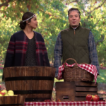 Priyanka Chopra and Jimmy Fallon bob for apples.