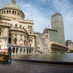 A Street Piano at the Christian Science Plaza reflecting pool.