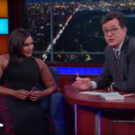 Mindy Kaling and Stephen Colbert.