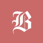 Boston Globe script B logo in white on red background