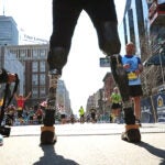 Celeste Corcoran standing at the 2016 Boston Marathon finish line in April.
