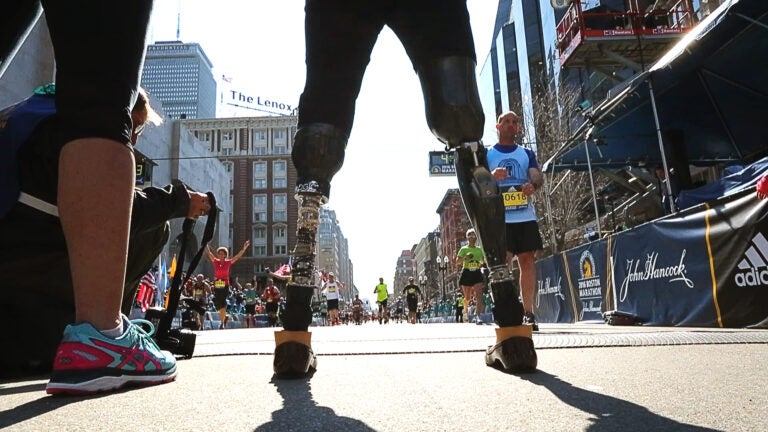Celeste Corcoran standing at the 2016 Boston Marathon finish line in April.