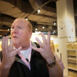 Boston, MA - 11/29/16 - Celebrity chef Mario Batali speaks with a reporter at Eataly food court and grocery store in the Prudential Center. (Lane Turner/Globe Staff) Reporter: (Duggan Arnett) Topic: (live_eataly_photos)