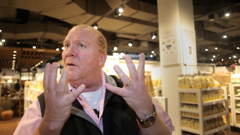 Boston, MA - 11/29/16 - Celebrity chef Mario Batali speaks with a reporter at Eataly food court and grocery store in the Prudential Center. (Lane Turner/Globe Staff) Reporter: (Duggan Arnett) Topic: (live_eataly_photos)