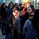 People line up to vote in the East Boston neighborhood of Boston, Tuesday, Nov. 8, 2016. (AP Photo/Michael Dwyer)
