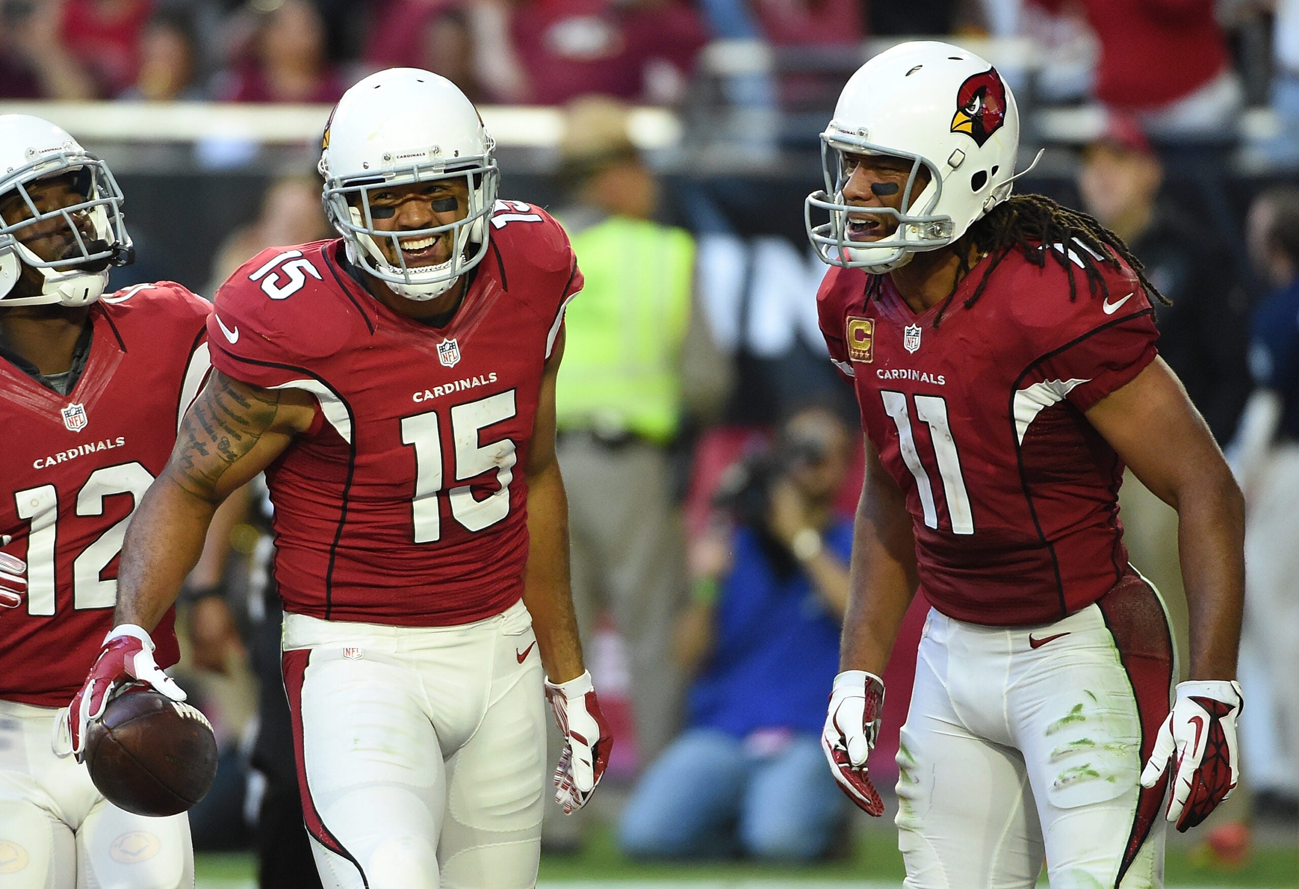 ESPN Monday Night Football commentator Larry Fitzgerald is seen