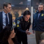 (Standing, left to right) Kevin Bacon, Mark Wahlberg and John Goodman in the 2016 film PATRIOTS DAY, directed by Peter Berg.