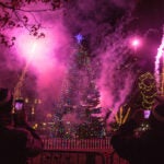 Boston, MA - 12/3/2015 - Fireworks explode near the tree during the annual Christmas tree lighting in the Boston Common in Boston, MA, December 3, 2015. (Keith Bedford/Globe Staff)