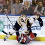 Adam McQuaid defends Florida Panthers center Michael Sgarbossa in 2017.