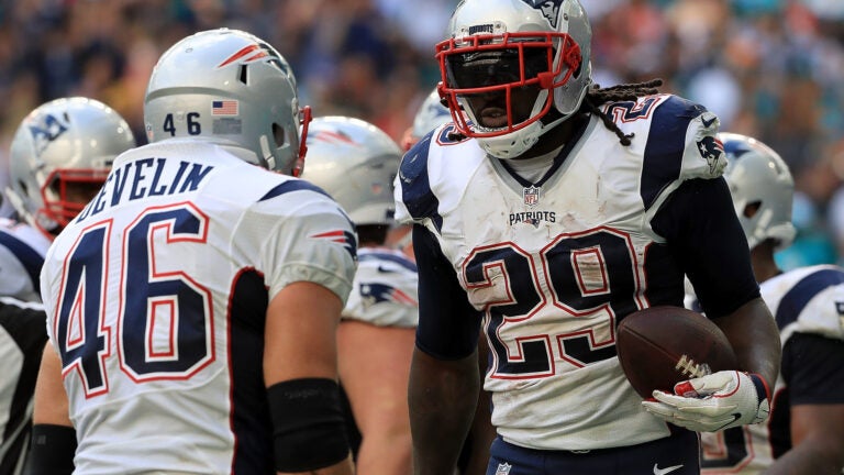 New England Patriots LeGarrette Blount celebrates with teammates