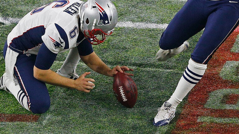 New England Patriots kicker Stephen Gostkowski kicks a field goal at the  end of the second quarter during Super Bowl LI between the New England  Patriots and the Atlanta Falcons held at