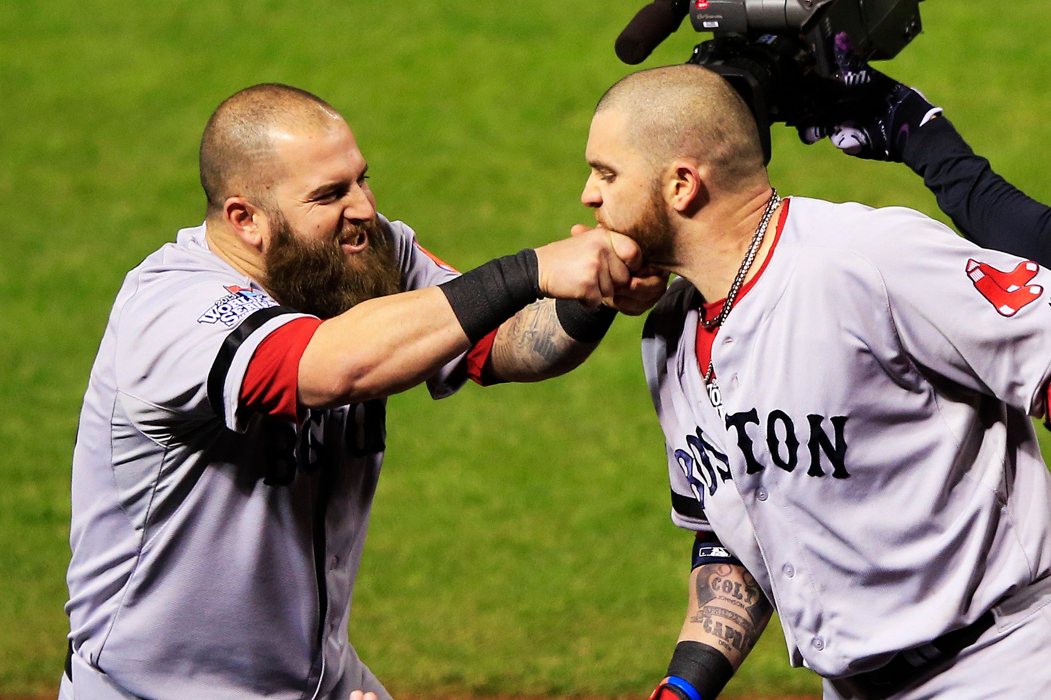 Jonny Gomes and Shane Victorino by Jamie Squire