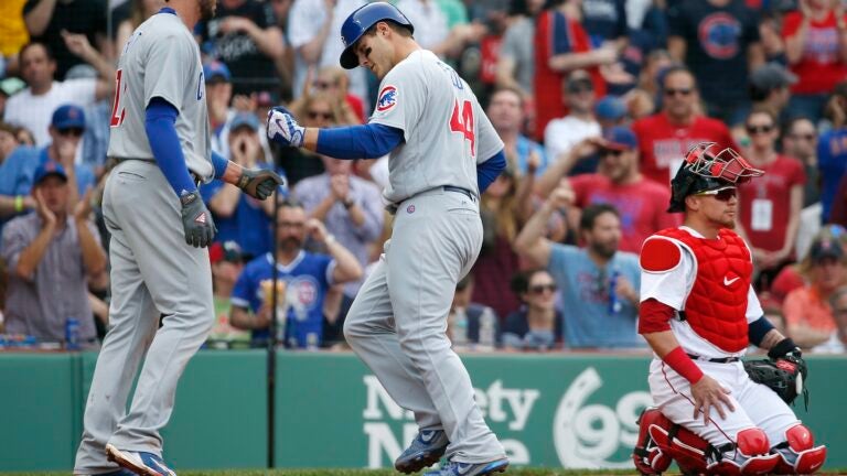 Chicago Cubs Kris Bryant celebrates with Anthony Rizzo (44) after