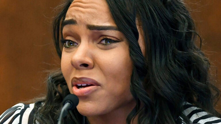FILE - In this March 30, 2017, file photo, Shayanna Jenkins-Hernandez, fiancee of former New England Patriots player Aaron Hernandez, testifies in Suffolk Superior Court during his trial for the July 2012 killings of Daniel de Abreu and Safiro Furtado in Boston. Hernandez hanged himself in his prison cell on April 19, days after he was acquitted of the double murder. He was still serving a life sentence for the 2013 killing of Odin Lloyd. (Josh Reynolds/The Boston Globe via AP, Pool, File)