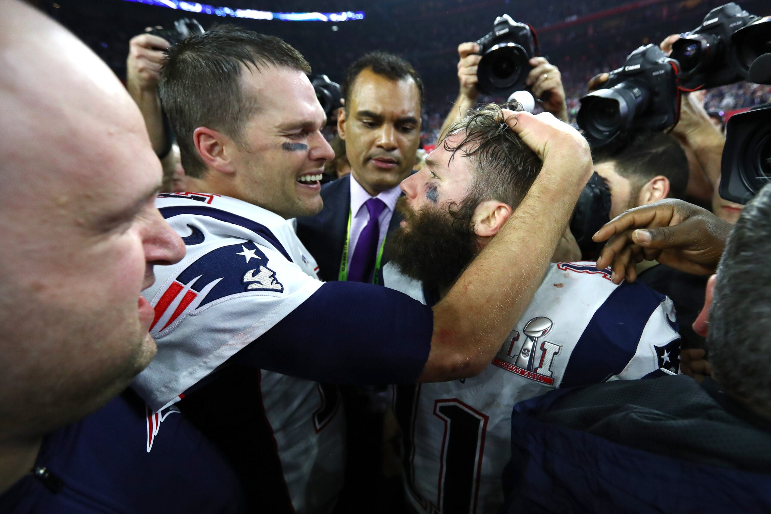 New England Patriots players celebrate after winning Super Bowl LI between  the New England Patriots and the Atlanta Falcons held at the NRG Stadium on  February 5, 2017 in Houston, TX. (Photo