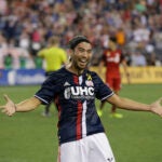 New England Revolution midfielder Lee Nguyen (24) celebrates with fans after he assisted on his team's second goal against Toronto FC during the second half of an MLS soccer match Saturday, Sept. 23, 2017, in Foxborough, Mass.(AP Photo/Stephan Savoia)