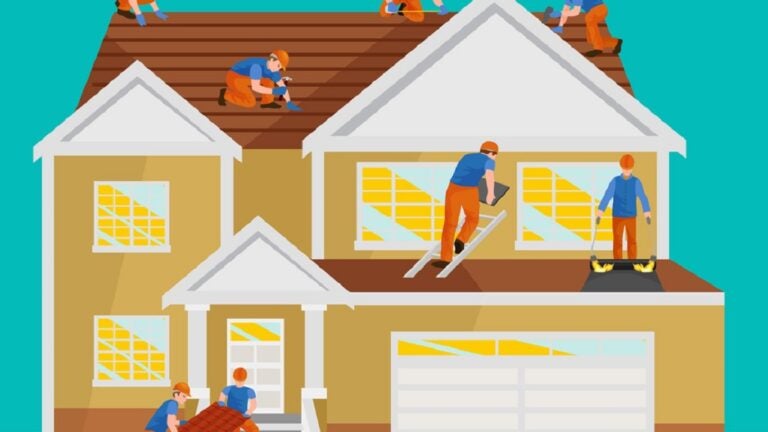 an illustration of eight people in blue shirts and orange pants working on a tan home with white trim. some are fixing the roof, others are fixing the windows, and two are carrying something into the front door.