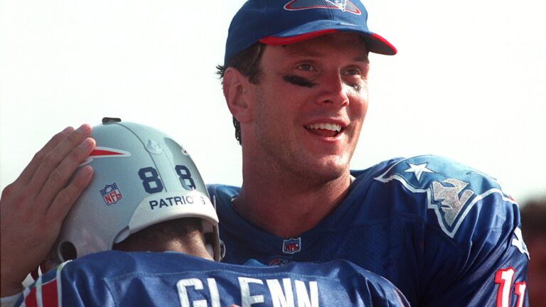 8 Oct 2000: Wide receiver Terry Glenn, left, and quarterback Drew Bledsoe  of the New England Patriots celebrate a touchdown during the Pats 24-16  victory the Indianapolis Colts at Foxboro Stadium in