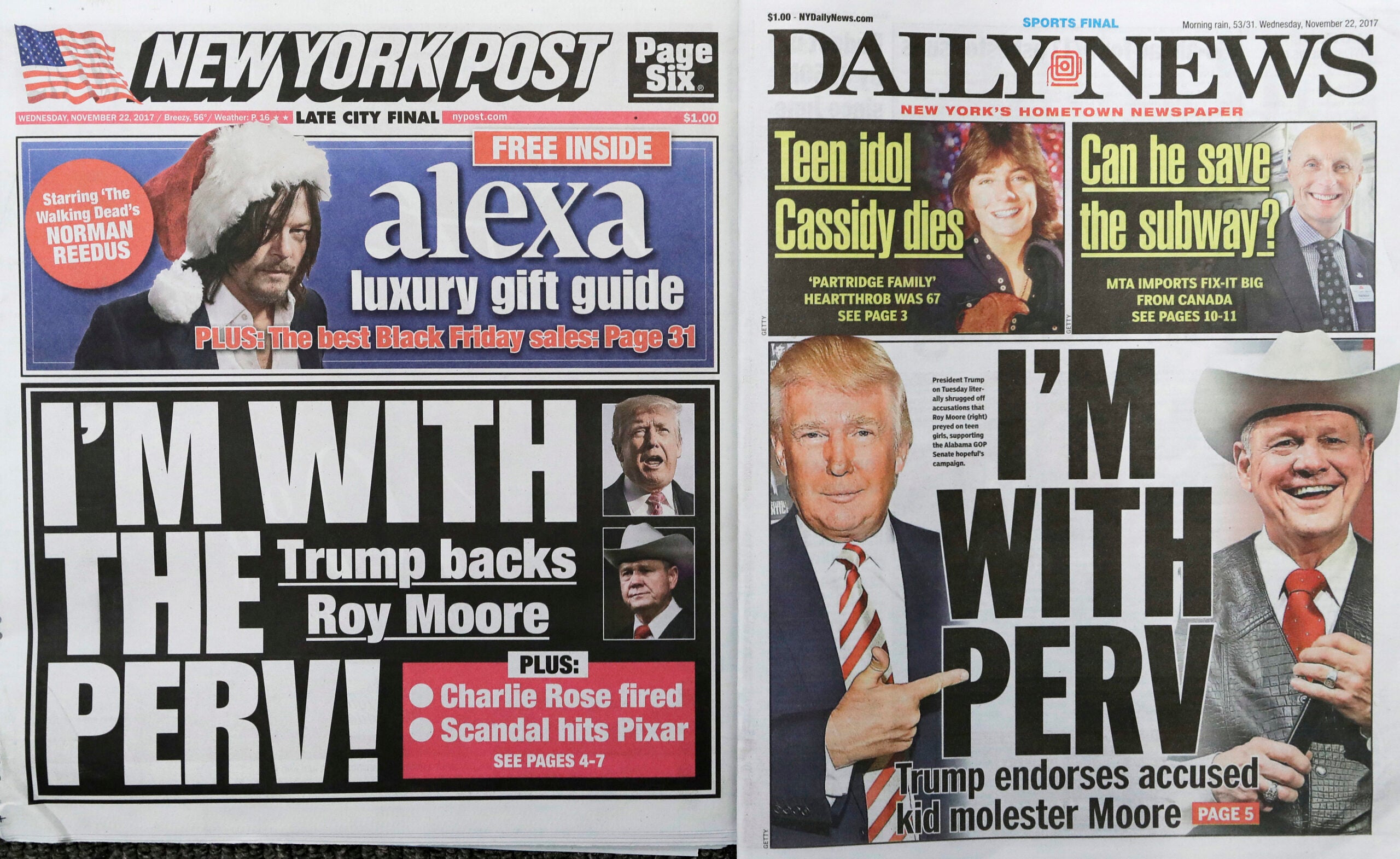 The Ny Post And Ny Daily News Had Nearly Identical Trump Roy Moore Cover Headlines