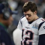 Tom Brady walks off the field after fumbling the ball late in the 4th quarter of Super Bowl LII.