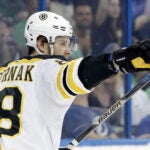 David Pastrnak celebrates a first-period goal.