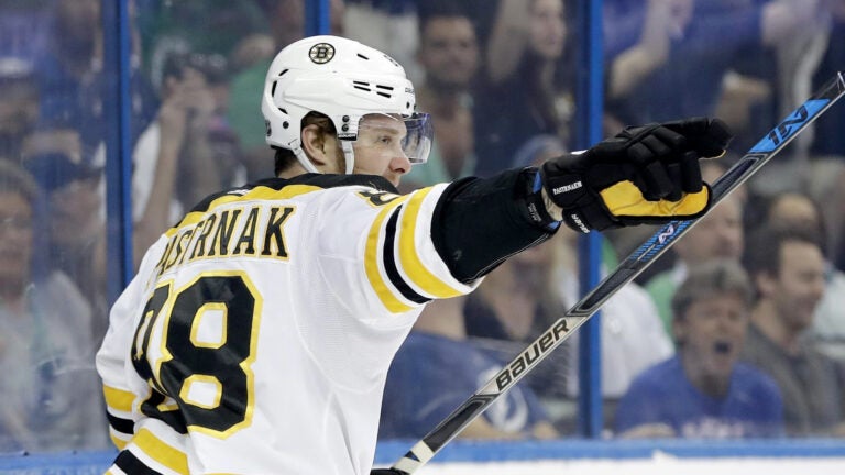 David Pastrnak celebrates a first-period goal.