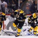 Patrice Bergeron #37, Tyler Seguin #19, and Brad Marchand in 2013 Game 7 comeback vs. Maple Leafs