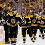 Boston Bruins' Jake DeBrusk leads teammates back to the bench after scoring against the Toronto Maple Leafs during the first period of Game 2 of an NHL hockey first-round playoff series in Boston, Saturday, April 14, 2018. (AP Photo/Winslow Townson)