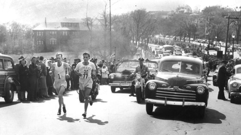 Stylianos Kyriakides and John A. Kelley running the 1946 Boston Marathon.