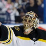Boston Bruins goaltender Tuukka Rask (40) tries to show the officials his broken skate blade after a goal by Tampa Bay Lightning defenseman Mikhail Sergachev during the second period of Game 1 of an NHL second-round hockey playoff series Saturday, April 28, 2018, in Tampa, Fla. (AP Photo/Chris O'Meara)