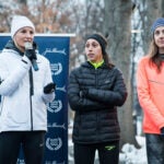Shalane Flanagan, Desiree Linden and Molly Huddle speak before a training run for John Hancock employees on the Esplanade in Boston, 2017.