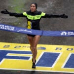 Desiree Linden, of Washington, Mich., wins the women's division of the 122nd Boston Marathon on Monday, April 16, 2018, in Boston. She is the first American woman to win the race since 1985. (AP Photo/Charles Krupa)