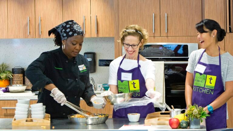 A cooking demonstration at the Boston Public Market.