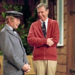 Fred Rogers and David Newell, as Speedy Delivery's Mr. McFeely, filming an episode of Mister Rogers' Neighborhood.