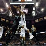 Jaylen Brown shoots during the second half of Game 4 in the Celtics' first-round playoff series against the Milwaukee Bucks on Sunday in Milwaukee. The Bucks won 104-102.
