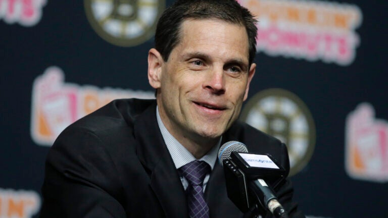 Boston Bruins general manager Don Sweeney takes questions from reporters during a news conference, Thursday, April 27, 2017, in Boston. The NHL hockey team are bringing head coach Bruce Cassidy back next season, dropping the interim tag from his title as a reward for leading the team back to the playoffs for the first time in three seasons. (AP Photo/Steven Senne)