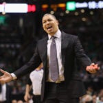 Head coach Tyronn Lue of the Cleveland Cavaliers reacts in the second half against the Boston Celtics during Game Five of the 2018 NBA Eastern Conference Finals at TD Garden on May 23, 2018
