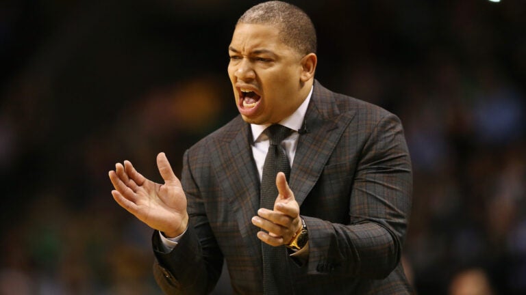 Tyronn Lue of the Cleveland Cavaliers reacts in the first half against the Boston Celtics during Game Two of the 2018 NBA Eastern Conference Finals