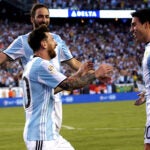 Lionel Messi and his Argentinian teammates celebrate a goal at Gillette Stadium in 2016.