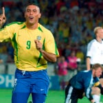 Ronaldo celebrates scoring against Germany in the 2002 World Cup final.