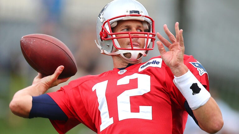 Foxborough -07/29/2017- The Patriots held their third day of training camp at the practice field of Gillette Stadium. Tom Brady fires a long pass. John Tlumacki/Globe staff(sports)