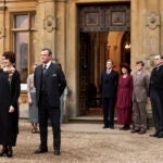 This undated publicity photo provided by PBS shows, from left, Elizabeth McGovern as Lady Grantham, Hugh Bonneville as Lord Grantham, Dan Stevens as Matthew Crawley, Penelope Wilton as Isobel Crawley, Allen Leech as Tom Branson, Jim Carter as Mr. Carson, and Phyllis Logan as Mrs. Hughes, from the TV series, "Downton Abbey."