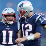 Tom Brady and Julian Edelman before the Patriots preseason opener in 2018.