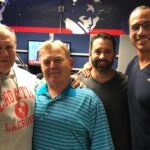 FOR TEASER PHOTO USE ONLY Bill Belichick with radio hosts Glenn Ordway, Lou Merloni and Christian Fauria